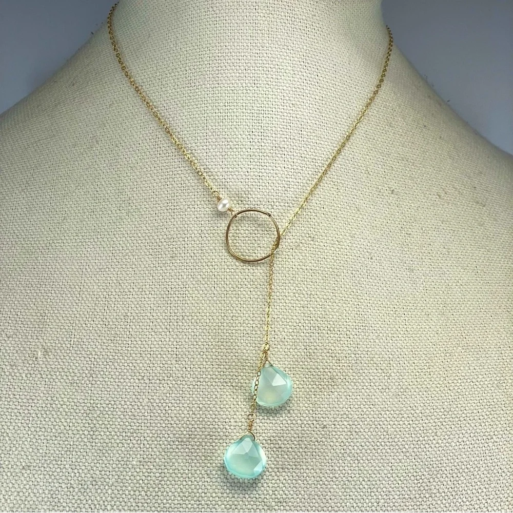 10K Gold Plated Aquamarine Tear Drop Freshwater Pearl Necklace Lariat Elegant